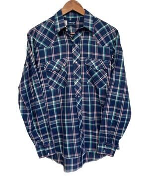 Vintage Wrangler Women’s Blue Pink Plaid Lightweight Pearl Snap Western Shirt M